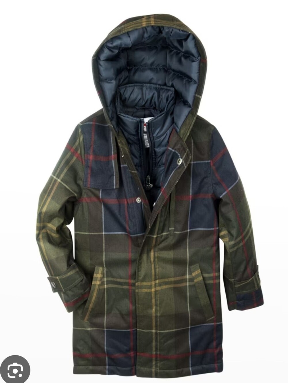 Appaman Plaid Quilted Pea Coat in Green and Navy with Red Accents Sx 14